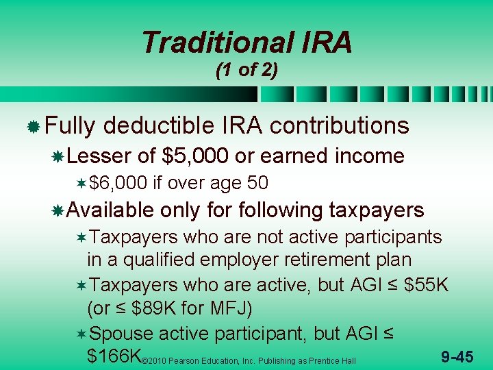 Traditional IRA (1 of 2) ® Fully deductible IRA contributions Lesser of $5, 000