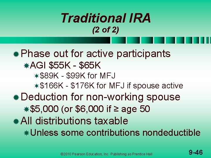 Traditional IRA (2 of 2) ® Phase AGI out for active participants $55 K