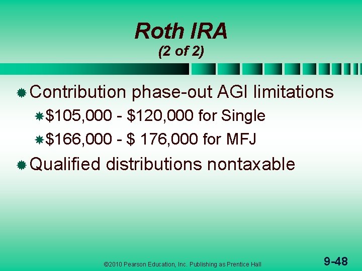 Roth IRA (2 of 2) ® Contribution phase-out AGI limitations $105, 000 - $120,