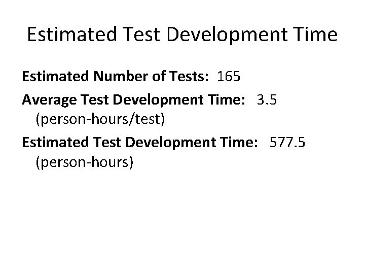 Estimated Test Development Time Estimated Number of Tests: 165 Average Test Development Time: 3.