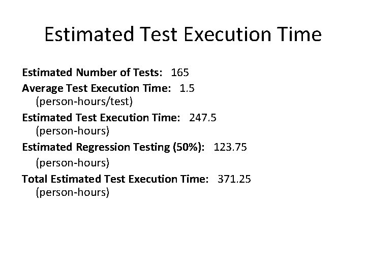 Estimated Test Execution Time Estimated Number of Tests: 165 Average Test Execution Time: 1.