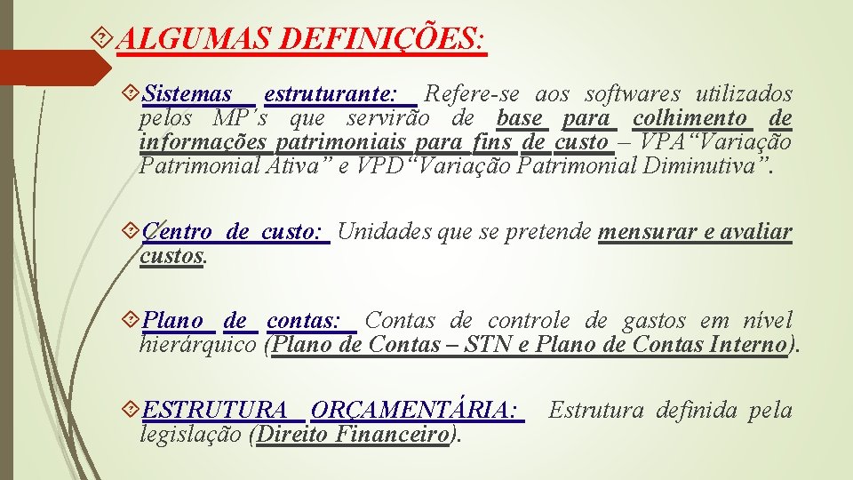  ALGUMAS DEFINIÇÕES: Sistemas estruturante: Refere-se aos softwares utilizados pelos MP´s que servirão de