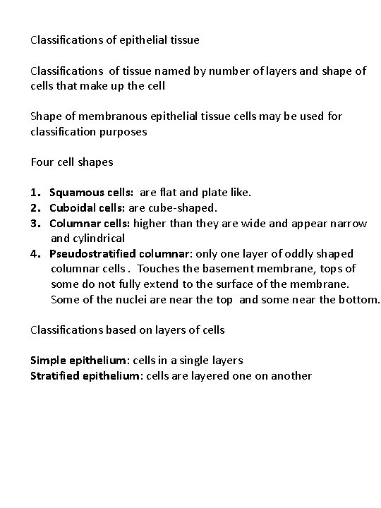 Classifications of epithelial tissue Classifications of tissue named by number of layers and shape