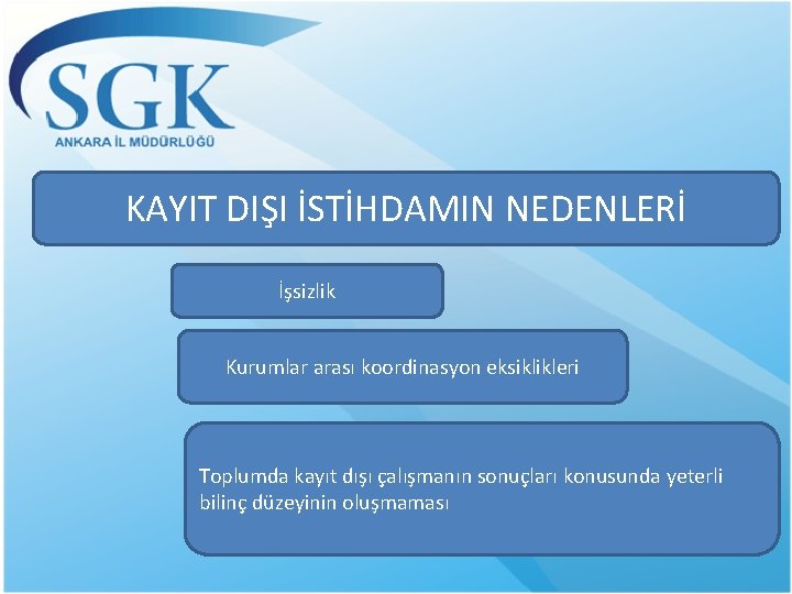 KAYIT DIŞI İSTİHDAMIN NEDENLERİ İşsizlik Kurumlar arası koordinasyon eksiklikleri Toplumda kayıt dışı çalışmanın sonuçları