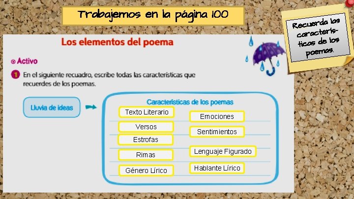 Trabajemos en la página 100 Texto Literario Versos Emociones Sentimientos Estrofas Rimas Género Lírico