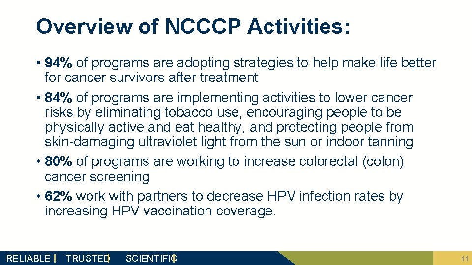 Overview of NCCCP Activities: • 94% of programs are adopting strategies to help make