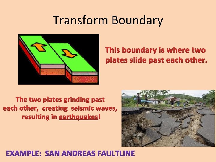 Transform Boundary This boundary is where two plates slide past each other. The two