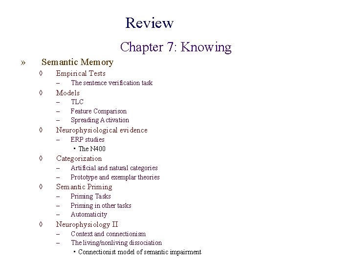 Review Chapter 7: Knowing » Semantic Memory ◊ Empirical Tests – ◊ Models –