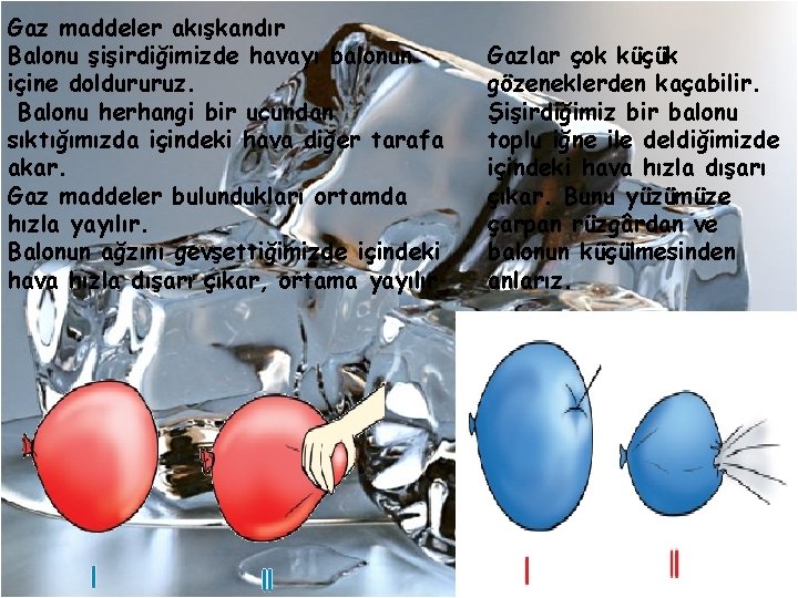 Gaz maddeler akışkandır Balonu şişirdiğimizde havayı balonun içine doldururuz. Balonu herhangi bir ucundan sıktığımızda