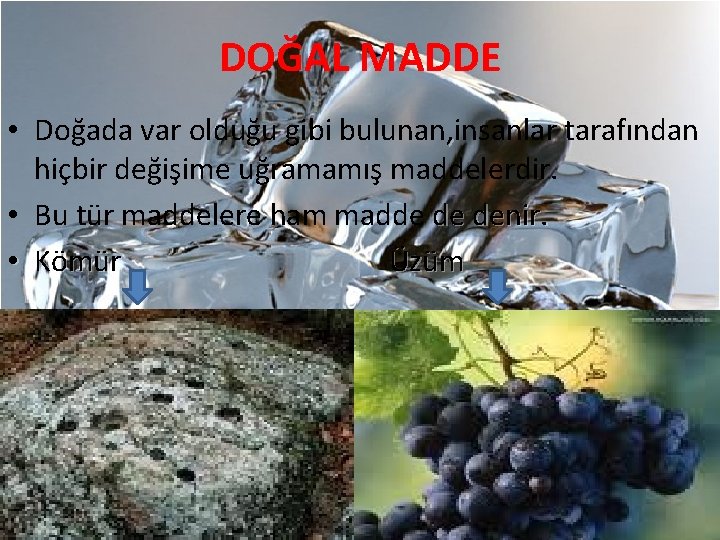 DOĞAL MADDE • Doğada var olduğu gibi bulunan, insanlar tarafından hiçbir değişime uğramamış maddelerdir.