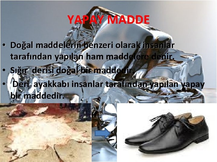 YAPAY MADDE • Doğal maddelerin benzeri olarak insanlar tarafından yapılan ham maddelere denir. •