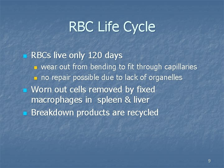 RBC Life Cycle n RBCs live only 120 days n n wear out from