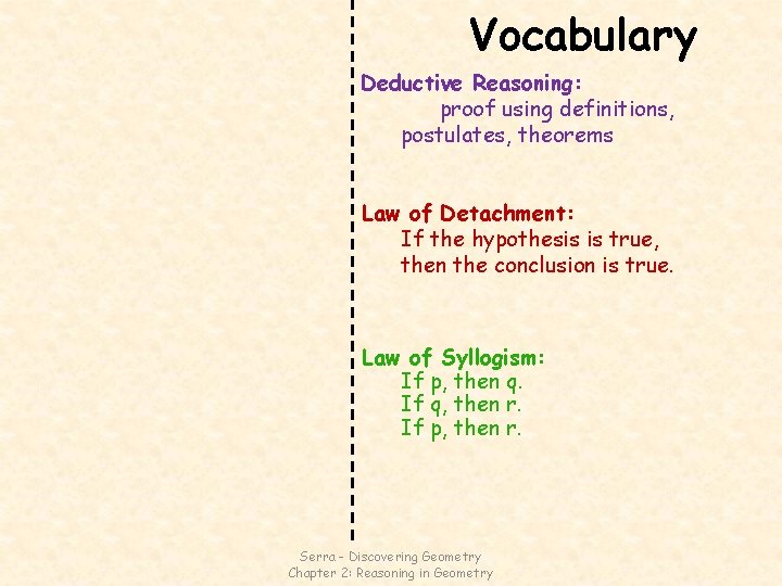 Vocabulary Deductive Reasoning: proof using definitions, postulates, theorems Law of Detachment: If the hypothesis