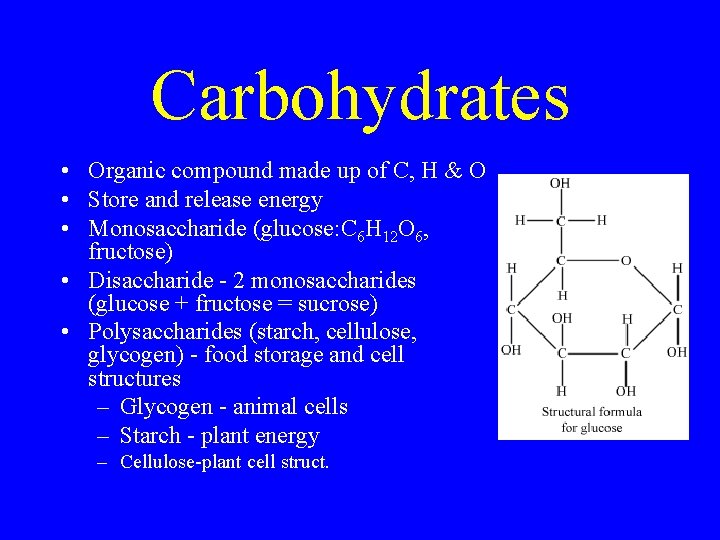 Carbohydrates • Organic compound made up of C, H & O • Store and