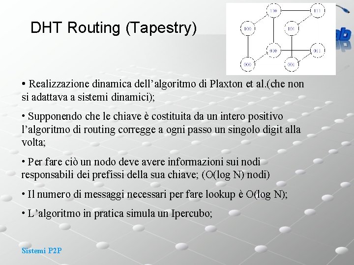 DHT Routing (Tapestry) • Realizzazione dinamica dell’algoritmo di Plaxton et al. (che non si
