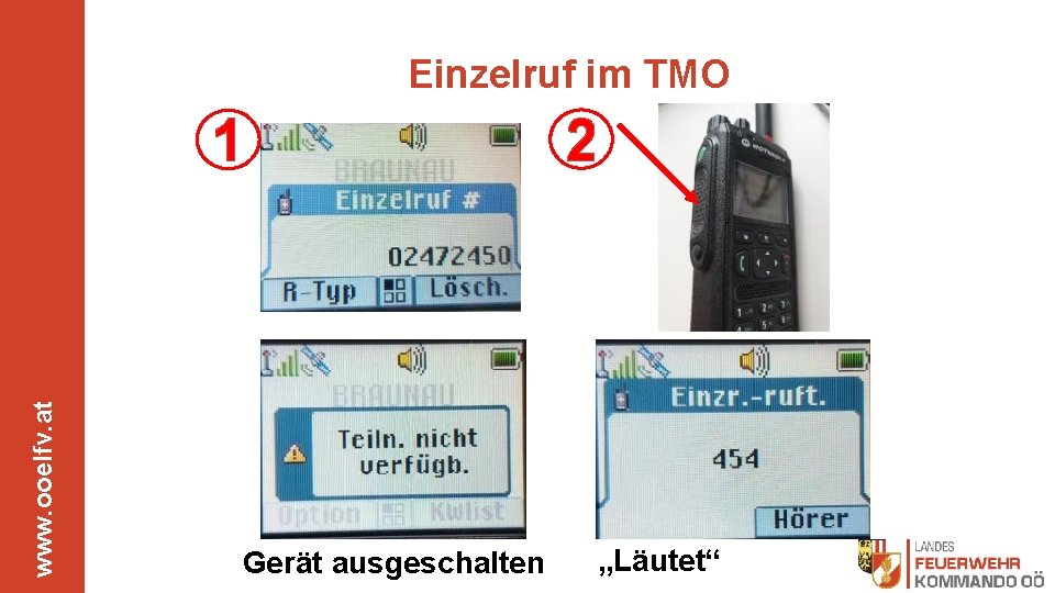 Einzelruf im TMO www. ooelfv. at 1 Gerät ausgeschalten 2 „Läutet“ 