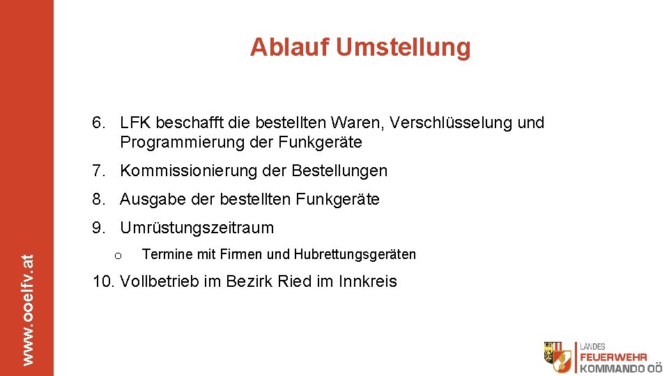 Ablauf Umstellung 6. LFK beschafft die bestellten Waren, Verschlüsselung und Programmierung der Funkgeräte 7.