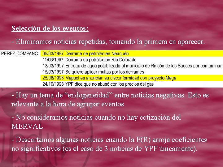 Selección de los eventos: - Eliminamos noticias repetidas, tomando la primera en aparecer. -