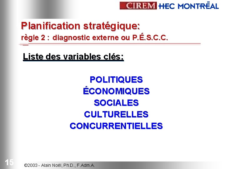 Planification stratégique: règle 2 : diagnostic externe ou P. É. S. C. C. Liste