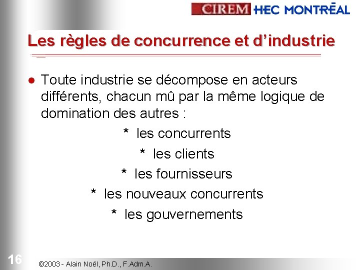 Les règles de concurrence et d’industrie l 16 Toute industrie se décompose en acteurs