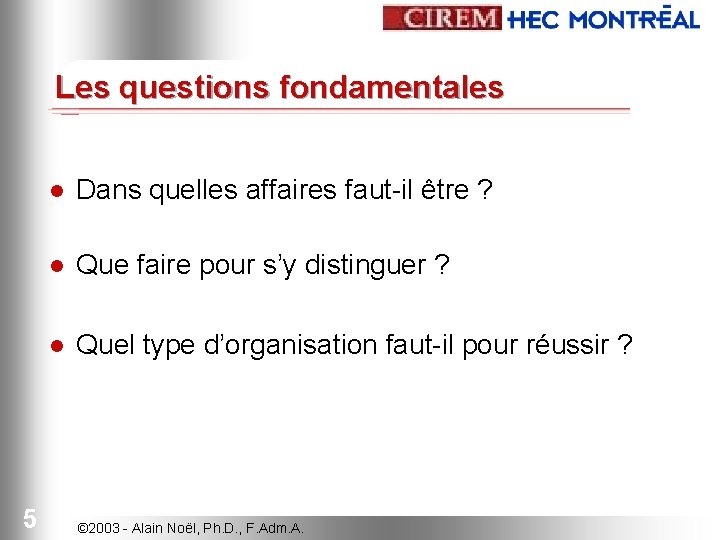 Les questions fondamentales 5 l Dans quelles affaires faut-il être ? l Que faire