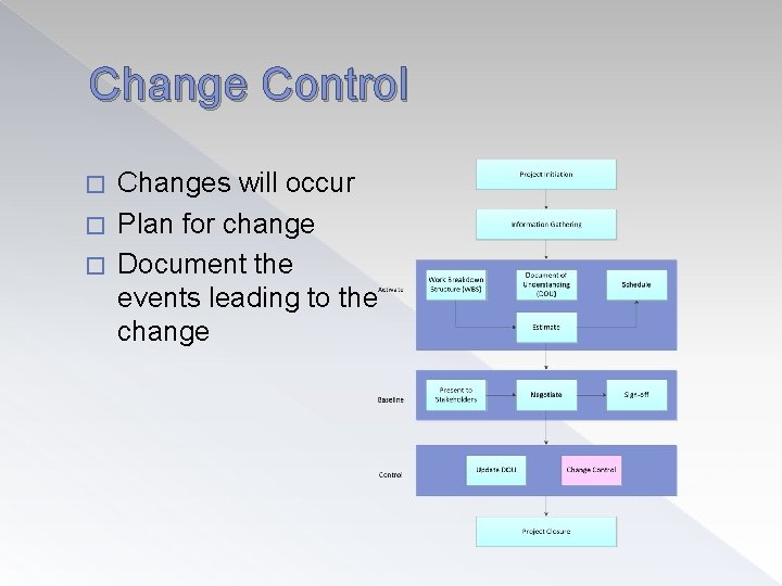 Change Control Changes will occur � Plan for change � Document the events leading