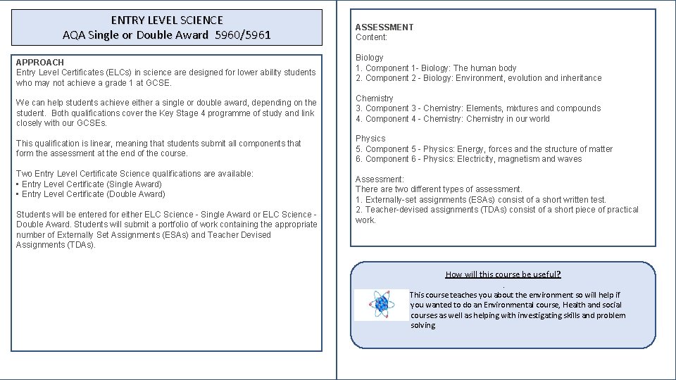 ENTRY LEVEL SCIENCE AQA Single or Double Award 5960/5961 APPROACH Entry Level Certificates (ELCs)