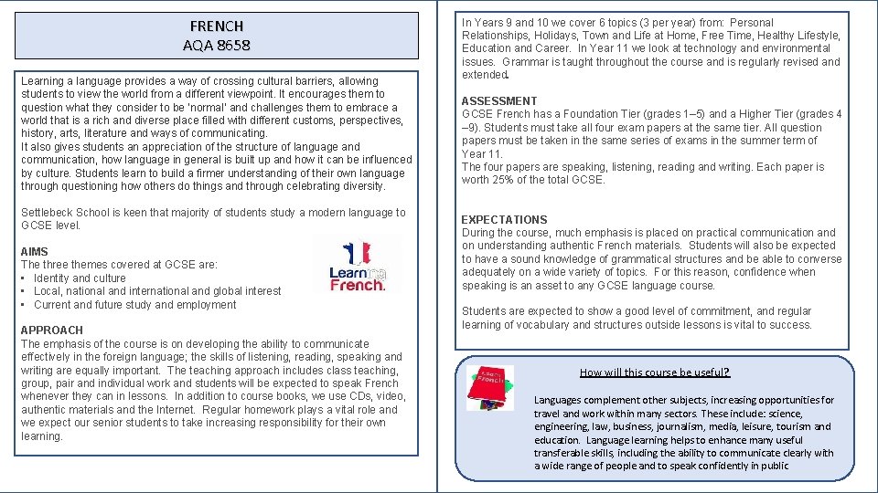 FRENCH AQA 8658 Learning a language provides a way of crossing cultural barriers, allowing
