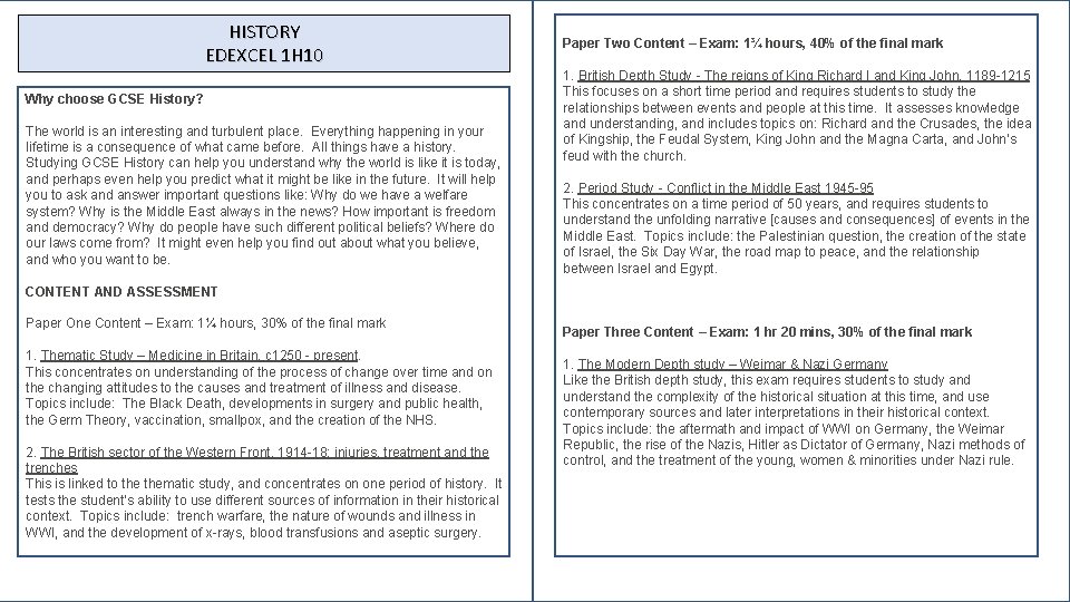 HISTORY EDEXCEL 1 H 10 Why choose GCSE History? The world is an interesting