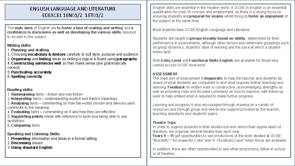 ENGLISH LANGUAGE AND LITERATURE EDEXCEL 1 EN 01/2 1 ET 01/2 The main aims