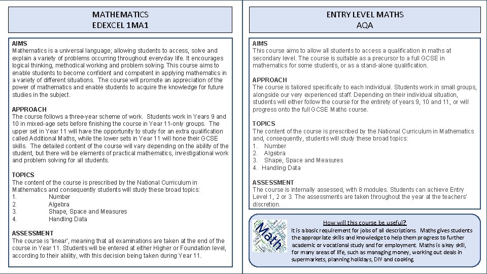 MATHEMATICS EDEXCEL 1 MA 1 AIMS Mathematics is a universal language; allowing students to