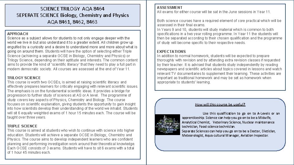 SCIENCE TRILOGY AQA 8464 SEPERATE SCIENCE Biology, Chemistry and Physics AQA 8461, 8462, 8463