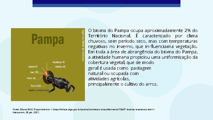 O bioma do Pampa ocupa aproximadamente 2% do Território Nacional. É caracterizado por clima