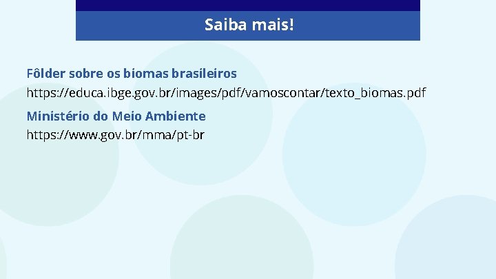 Saiba mais! Fôlder sobre os biomas brasileiros https: //educa. ibge. gov. br/images/pdf/vamoscontar/texto_biomas. pdf Ministério