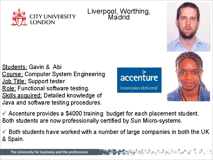 Liverpool, Worthing, Madrid Students: Gavin & Abi Course: Computer System Engineering Job Title: Support