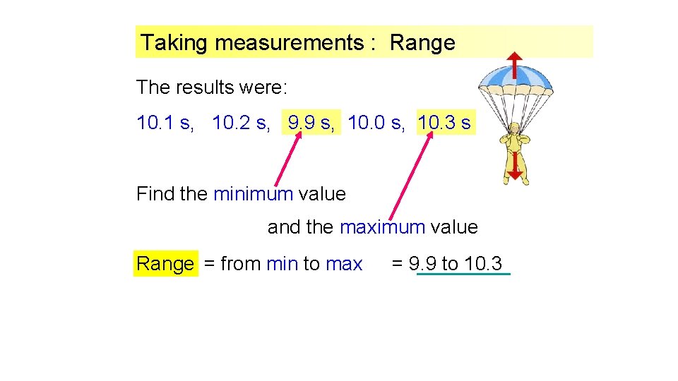 Taking measurements : Range The results were: 10. 1 s, 10. 2 s, 9. Taking measurements : Range The results were: 10. 1 s, 10. 2 s, 9.