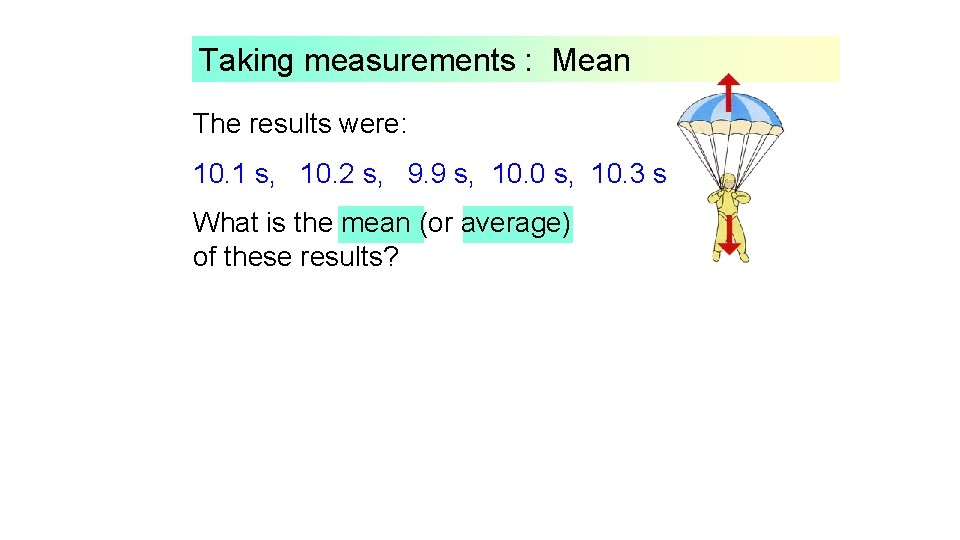 Taking measurements : Mean The results were: 10. 1 s, 10. 2 s, 9. Taking measurements : Mean The results were: 10. 1 s, 10. 2 s, 9.
