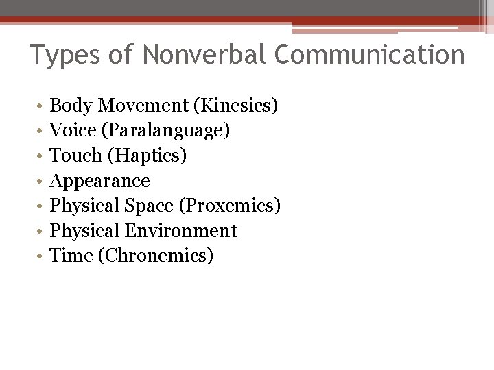 Types of Nonverbal Communication • • Body Movement (Kinesics) Voice (Paralanguage) Touch (Haptics) Appearance