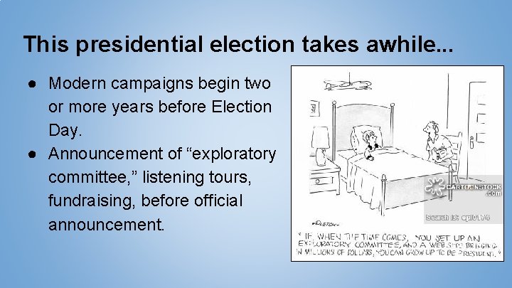 This presidential election takes awhile. . . ● Modern campaigns begin two or more
