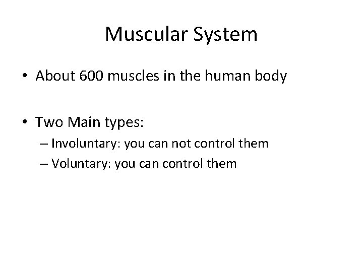 Muscular System • About 600 muscles in the human body • Two Main types: