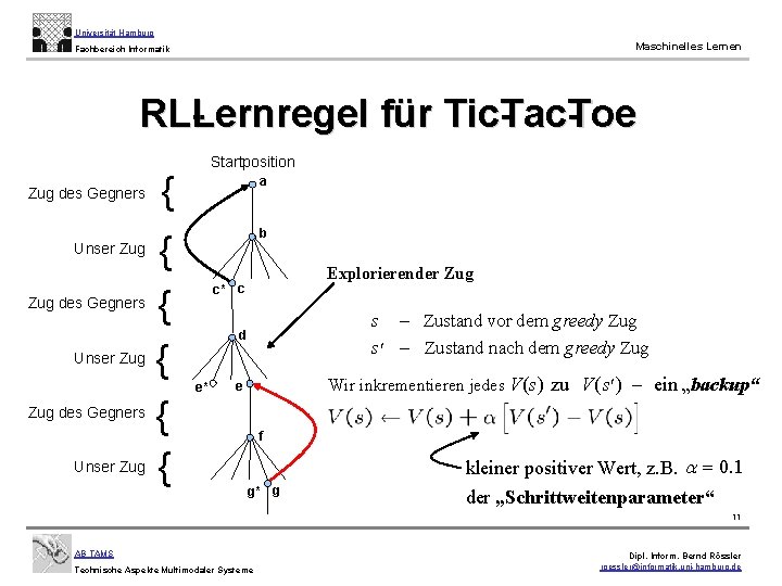 Universität Hamburg Maschinelles Lernen Fachbereich Informatik RLLernregel für Tic. Tac. Toe Zug des Gegners