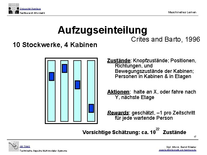 Universität Hamburg Maschinelles Lernen Fachbereich Informatik Aufzugseinteilung 10 Stockwerke, 4 Kabinen Crites and Barto,