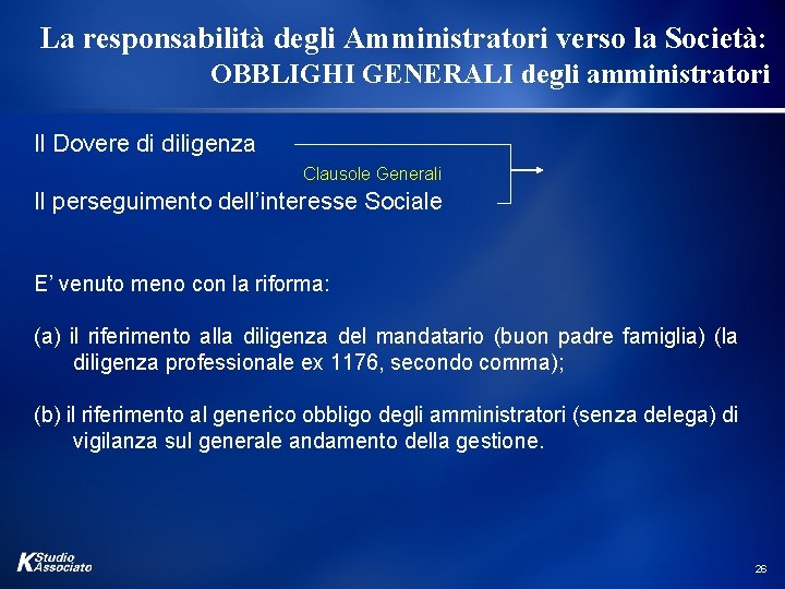 La responsabilità degli Amministratori verso la Società: OBBLIGHI GENERALI degli amministratori Il Dovere di