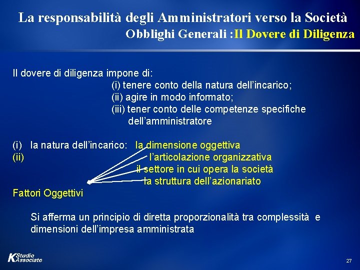 La responsabilità degli Amministratori verso la Società Obblighi Generali : Il Dovere di Diligenza