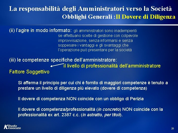 La responsabilità degli Amministratori verso la Società Obblighi Generali : Il Dovere di Diligenza