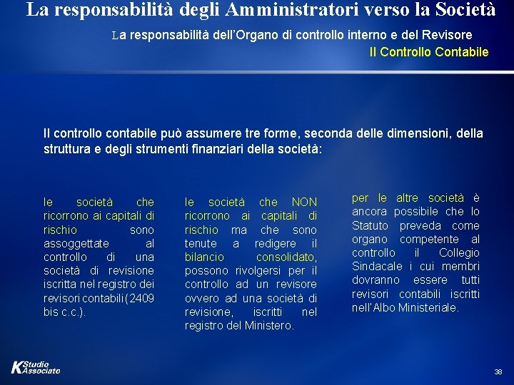 La responsabilità degli Amministratori verso la Società La responsabilità dell’Organo di controllo interno e