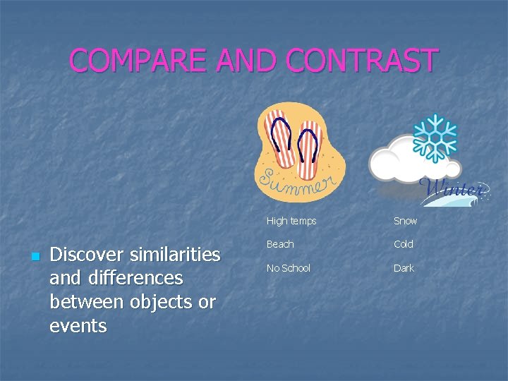 COMPARE AND CONTRAST n Discover similarities and differences between objects or events High temps