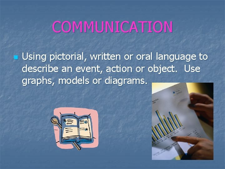 COMMUNICATION n Using pictorial, written or oral language to describe an event, action or