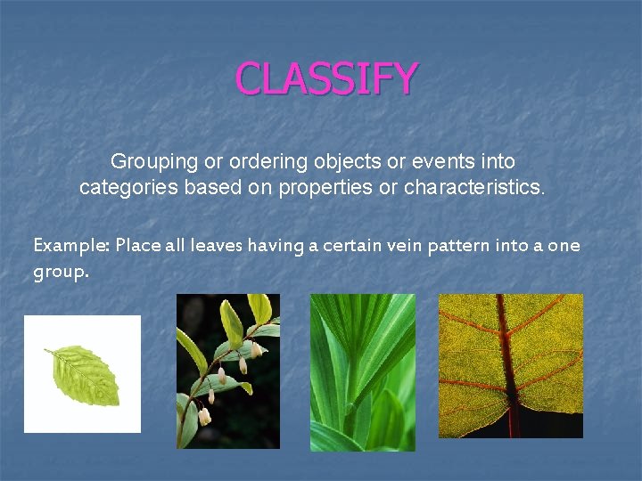 CLASSIFY Grouping or ordering objects or events into categories based on properties or characteristics.