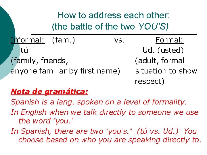 How to address each other: (the battle of the two YOU’S) Informal: (fam. )
